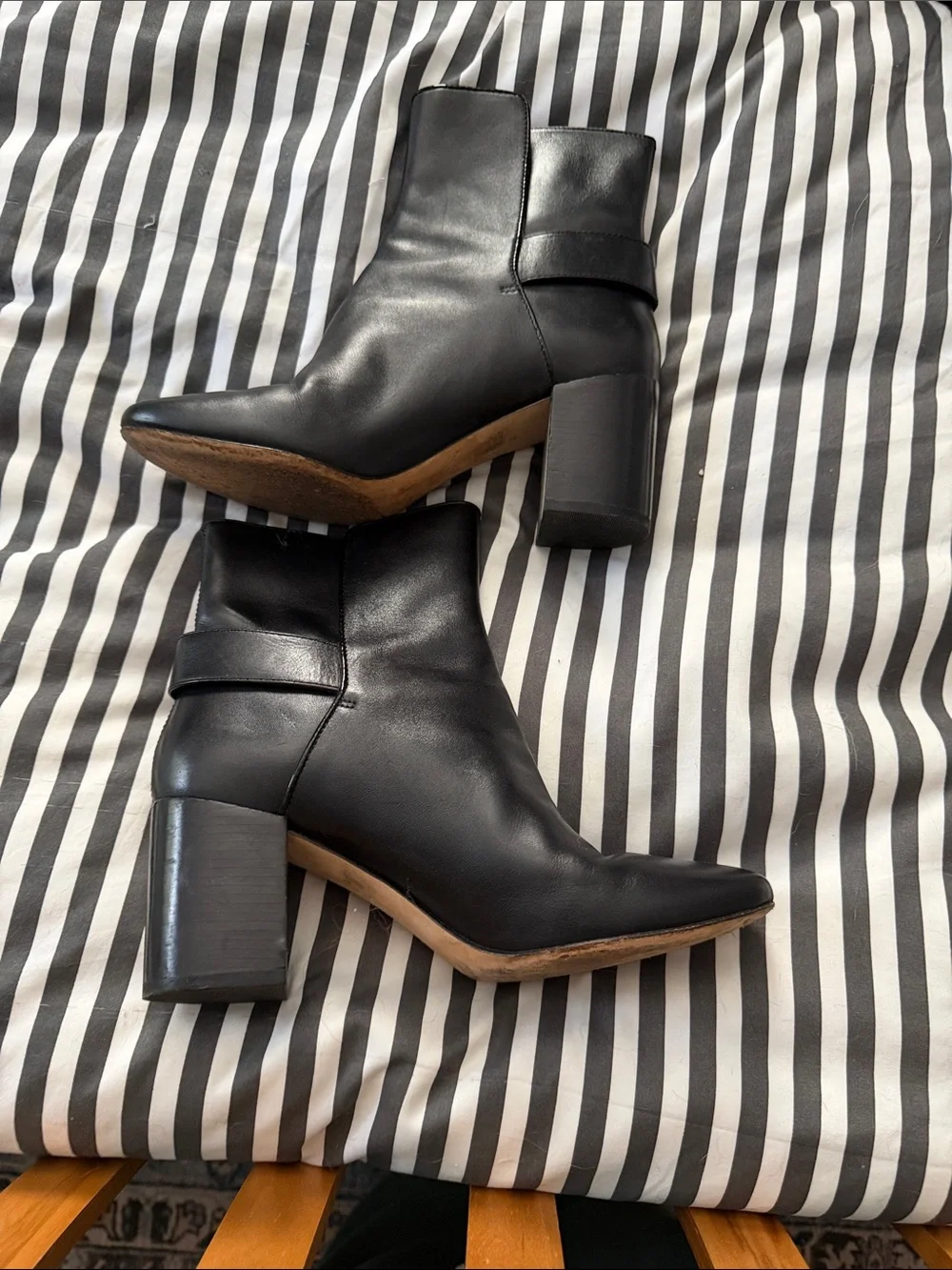 Tory Burch Black Leather Block Heel Ankle Booties with Gold Emblem